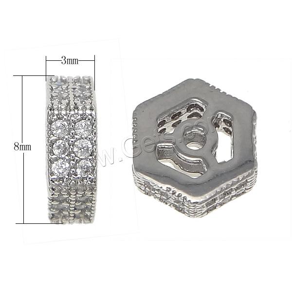 Zirkonia Micro pflastern Korn, Messing, Sechseck, plattiert, Micro pave Zirkonia, keine, 3x8mm, Bohrung:ca. 1.5mm, verkauft von PC