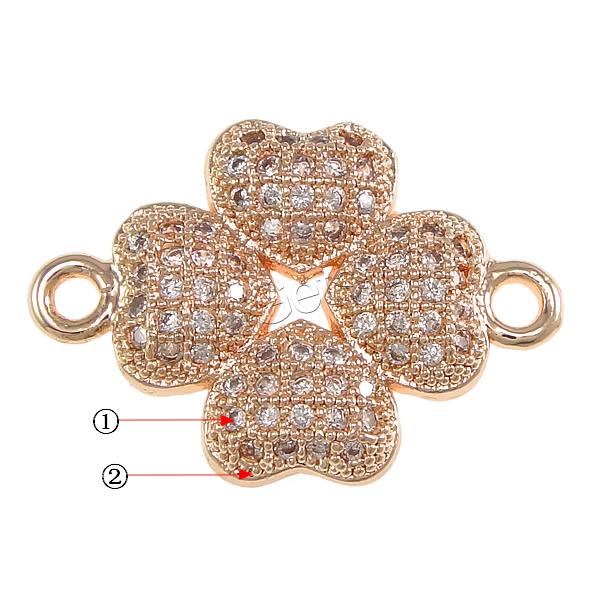 Cubic Zirconia Micro Pave Brass Connector, Four Leaf Clover, plated, micro pave cubic zirconia & 1/1 loop, more colors for choice, 21x15x3mm, Hole:Approx 1.5mm, Sold By PC