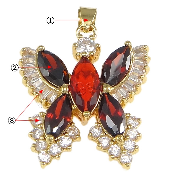 Pendentifs en laiton zircon cubique (CZ), avec cristal, papillon, Placage, avec zircone cubique & facettes, plus de couleurs à choisir, protéger l'environnement, sans nickel, plomb et cadmium, 27x31x8mm, Trou:Environ 4x5mm, Vendu par PC