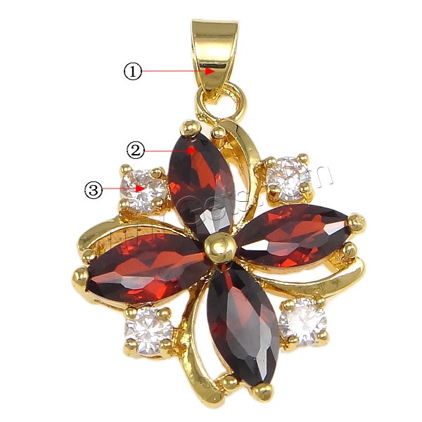 Pendentifs en laiton zircon cubique (CZ), avec cristal, fleur, Placage, avec zircone cubique & facettes, plus de couleurs à choisir, protéger l'environnement, sans nickel, plomb et cadmium, 22x26x6mm, Trou:Environ 4x5mm, Vendu par PC