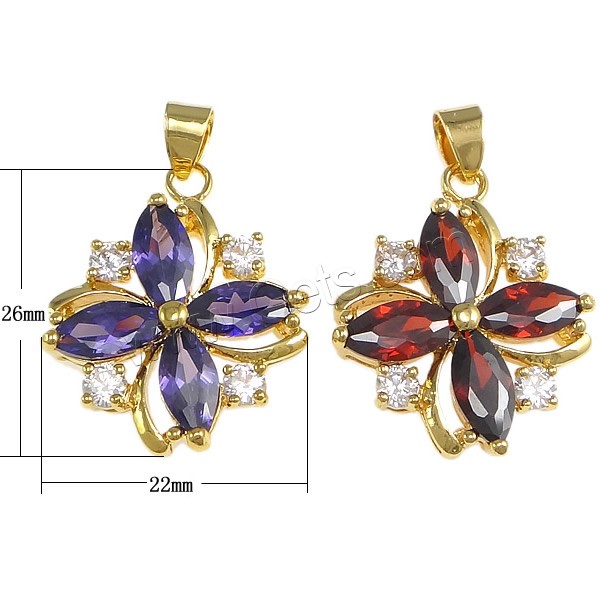 Pendentifs en laiton zircon cubique (CZ), avec cristal, fleur, Placage, avec zircone cubique & facettes, plus de couleurs à choisir, protéger l'environnement, sans nickel, plomb et cadmium, 22x26x6mm, Trou:Environ 4x5mm, Vendu par PC