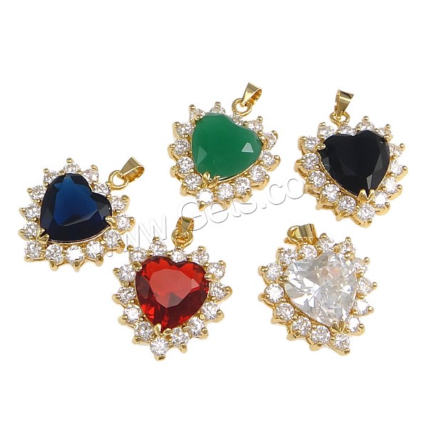 Pendentifs en laiton zircon cubique (CZ), avec cristal, coeur, Placage, avec zircone cubique & facettes, plus de couleurs à choisir, protéger l'environnement, sans nickel, plomb et cadmium, 20x23x8mm, Trou:Environ 4x5mm, Vendu par PC