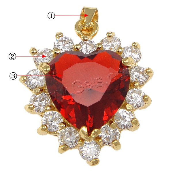 Pendentifs en laiton zircon cubique (CZ), avec cristal, coeur, Placage, avec zircone cubique & facettes, plus de couleurs à choisir, protéger l'environnement, sans nickel, plomb et cadmium, 20x23x8mm, Trou:Environ 4x5mm, Vendu par PC