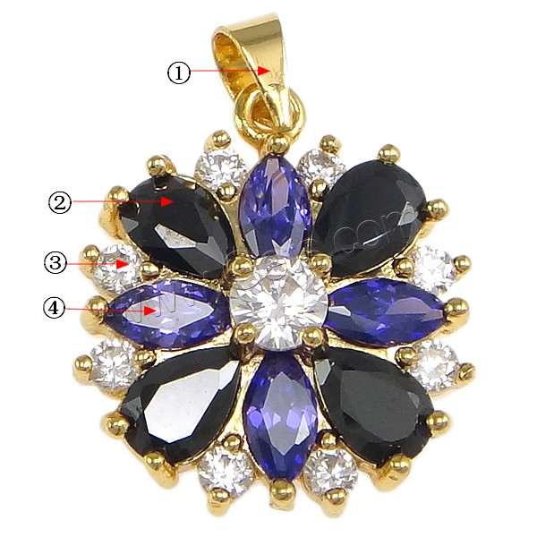 Pendentifs en laiton zircon cubique (CZ), avec cristal, fleur, Placage, avec zircone cubique & facettes, plus de couleurs à choisir, protéger l'environnement, sans nickel, plomb et cadmium, 17x20x5mm, Trou:Environ 4x5mm, Vendu par PC