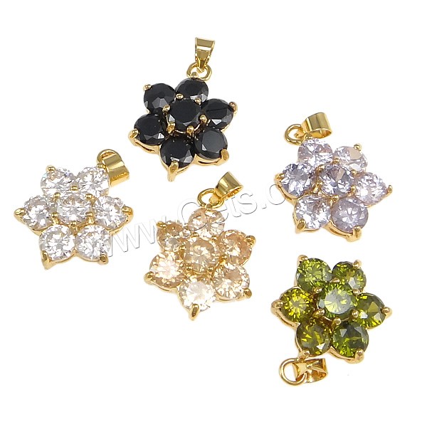 Pendentifs en laiton zircon cubique (CZ), fleur, Placage, avec zircone cubique, plus de couleurs à choisir, protéger l'environnement, sans nickel, plomb et cadmium, 15x20x7mm, Trou:Environ 4x5mm, Vendu par PC