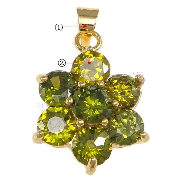 Pendentifs en laiton zircon cubique (CZ), fleur, Placage, avec zircone cubique, plus de couleurs à choisir, protéger l'environnement, sans nickel, plomb et cadmium, 15x20x7mm, Trou:Environ 4x5mm, Vendu par PC