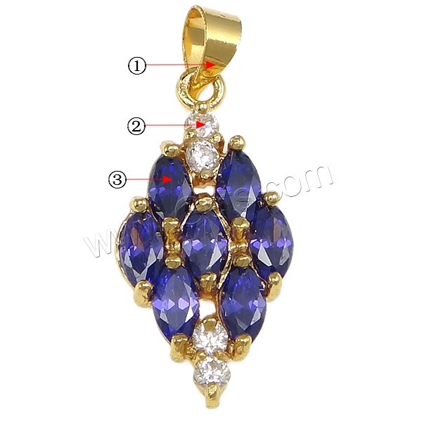 Pendentifs en laiton zircon cubique (CZ), avec cristal, losange, Placage, avec zircone cubique & facettes, plus de couleurs à choisir, protéger l'environnement, sans nickel, plomb et cadmium, 12x24x3mm, Trou:Environ 4x5mm, Vendu par PC