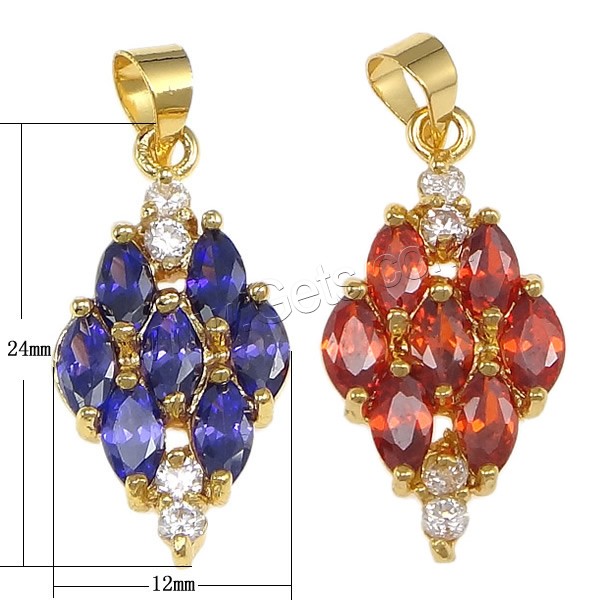 Pendentifs en laiton zircon cubique (CZ), avec cristal, losange, Placage, avec zircone cubique & facettes, plus de couleurs à choisir, protéger l'environnement, sans nickel, plomb et cadmium, 12x24x3mm, Trou:Environ 4x5mm, Vendu par PC