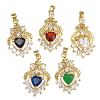 Pendentifs en laiton zircon cubique (CZ), avec cristal, coeur, Placage, avec zircone cubique & facettes, plus de couleurs à choisir, protéger l'environnement, sans nickel, plomb et cadmium Environ Vendu par PC