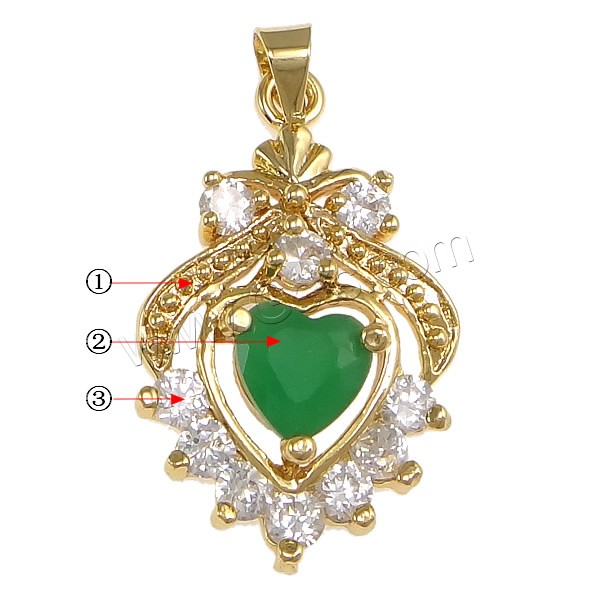 Pendentifs en laiton zircon cubique (CZ), avec cristal, coeur, Placage, avec zircone cubique & facettes, plus de couleurs à choisir, protéger l'environnement, sans nickel, plomb et cadmium, 17x30x5mm, Trou:Environ 4x5mm, Vendu par PC