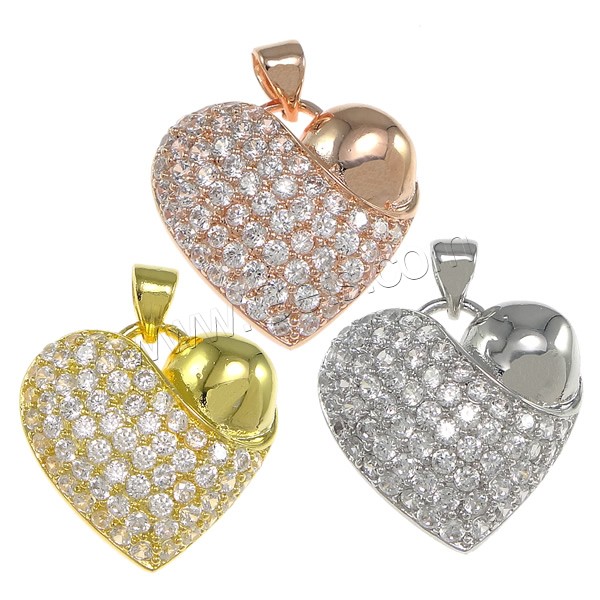 Cubic Zirconia Micro Pave Brass Pendant, Heart, plated, micro pave cubic zirconia, more colors for choice, 19x18.5x5mm, Hole:Approx 3x4mm, Sold By PC