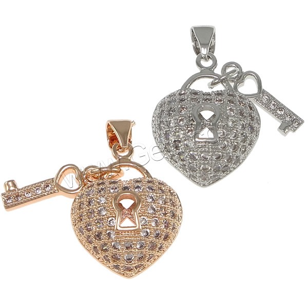 Cubic Zirconia Micro Pave Brass Pendant, Lock and Key, plated, micro pave cubic zirconia & hollow, more colors for choice, 15x20x8mm, 4.5x14.5x2mm, Hole:Approx 3.5x4.5mm, Sold By PC