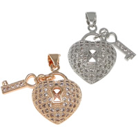 Cubic Zirconia Micro Pave Brass Pendant, Lock and Key, plated, micro pave cubic zirconia & hollow Approx 