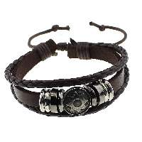 Los hombres de la pulsera y del brazalete, Cuero de vaca, con cordón de nylon & aleación de zinc, chapado, ajustable & 3-aro, color cáfe oscuro, 4mm, 8mm, 15mm, 3x12mm, 4x13mm, 3x12mm, longitud:7-10 Inch, Vendido por Sarta