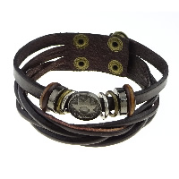 Bracelets de cuir de vachette, cuir de peau de vache, avec bois & alliage de zinc, Placage, 2 fils, café foncé, 16mm, 7mm, 15mm   Environ 8 pouce, Vendu par brin