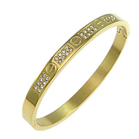 Stainless Steel Bangle, 304 Stainless Steel, gold color plated, with rhinestone, 6mm, Inner Approx Approx 6.5 Inch 