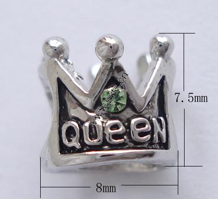 Rhinestone Zinc Alloy European Beads, Crown, plated, without troll & with rhinestone, more colors for choice, 7.5x8mm, Hole:Approx 4.5mm, Sold By PC