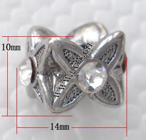 grano Europeo de aleación Zinc con diamante, aleación de zinc, Flor, chapado, sin rosca & con diamantes de imitación, más colores para la opción, 10x14mm, agujero:aproximado 4.5mm, Vendido por UD