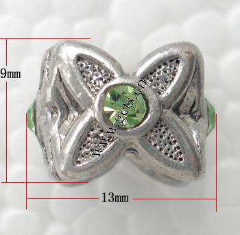 grano Europeo de aleación Zinc con diamante, aleación de zinc, Flor, chapado, sin rosca & con diamantes de imitación, más colores para la opción, 9x13mm, agujero:aproximado 5mm, Vendido por UD