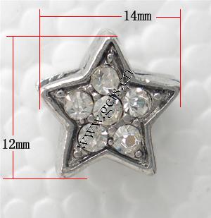 grano Europeo de aleación Zinc con diamante, aleación de zinc, Estrella, chapado, sin rosca & con diamantes de imitación, más colores para la opción, 14x12x10mm, agujero:aproximado 5mm, Vendido por UD