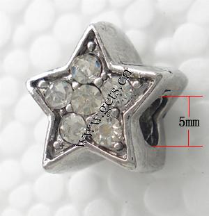 grano Europeo de aleación Zinc con diamante, aleación de zinc, Estrella, chapado, sin rosca & con diamantes de imitación, más colores para la opción, 14x12x10mm, agujero:aproximado 5mm, Vendido por UD