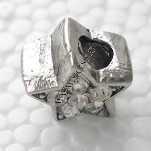 grano Europeo de aleación Zinc con diamante, aleación de zinc, Estrella, chapado, sin rosca & con diamantes de imitación, más colores para la opción, 14x12x10mm, agujero:aproximado 5mm, Vendido por UD