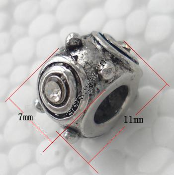 Strass Zink Legierung Europa Perlen, Zinklegierung, Trommel, plattiert, ohne troll & mit Strass, keine, 11x7mm, Bohrung:ca. 5mm, verkauft von PC