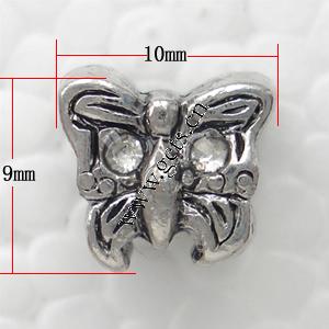 grano Europeo de aleación Zinc con diamante, aleación de zinc, Mariposa, chapado, sin rosca & con diamantes de imitación, más colores para la opción, 10x9x8mm, agujero:aproximado 4.5mm, Vendido por UD