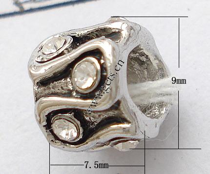 grano Europeo de aleación Zinc con diamante, aleación de zinc, Tubo, chapado, sin rosca & con diamantes de imitación, más colores para la opción, 9x7.5mm, agujero:aproximado 4mm, Vendido por UD