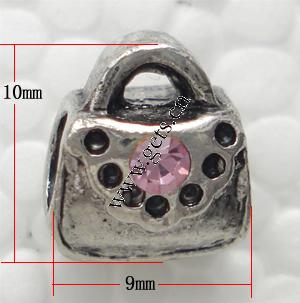 Strass Zink Legierung Europa Perlen, Zinklegierung, Handtasche, plattiert, ohne troll & mit Strass, keine, 10x9x9mm, Bohrung:ca. 4.5mm, verkauft von PC