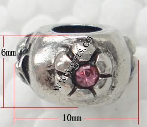 grano Europeo de aleación Zinc con diamante, aleación de zinc, Tambor, chapado, con patrón de flores & sin rosca & con diamantes de imitación, más colores para la opción, 6x10mm, agujero:aproximado 4.5mm, Vendido por UD