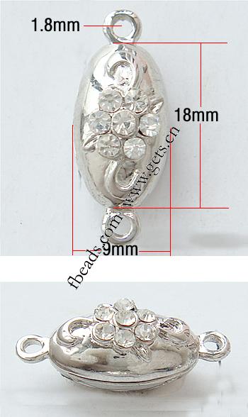 Fermoir magnétique en alliage de zinc, ovale, Plaquage normal, épaisseur de bordé plus de 3μm & avec les strass de Moyen-Orient & à un fil, plus de couleurs à choisir, 18x9x8mm, Vendu par PC