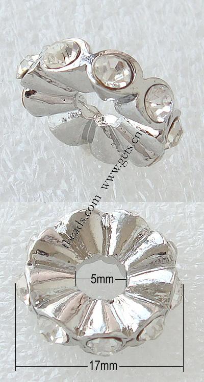 Puente de diamante de imitación Spacer, diamantes de imitación, con aleación de zinc, Redondo aplanado, chapado, enchapado grueso más que los 3μm & con diamantes de imitación de Mideast, más colores para la opción, 17x17x5mm, agujero:aproximado 5mm, Vendido por UD