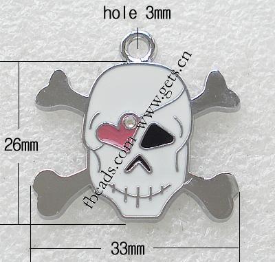 Zinklegierung Schädel Anhänger, plattiert, Emaille, keine, 33x26x3mm, Bohrung:ca. 3mm, verkauft von PC