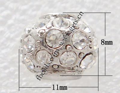 Strass Europa Perlen, mit Zinklegierung, Trommel, plattierte Dicke über 3μm, keine, 8x11mm, Bohrung:ca. 4mm, verkauft von PC