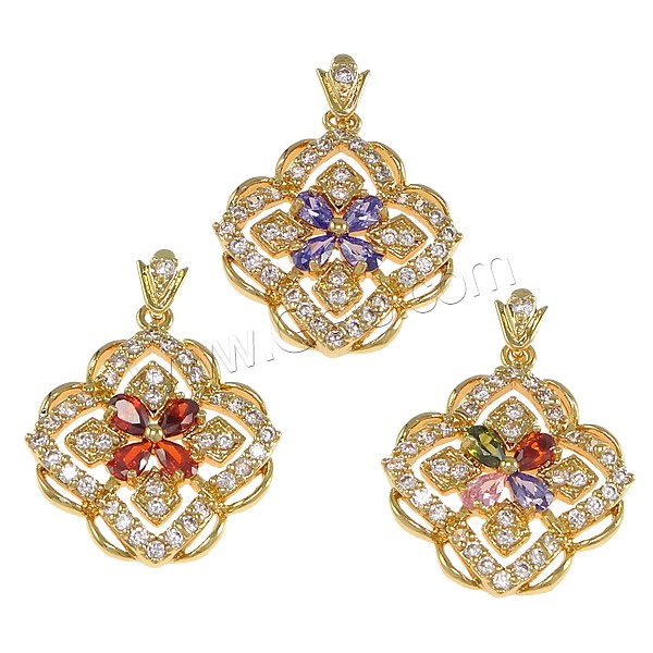 Pendentifs en laiton zircon cubique (CZ), avec cristal, fleur, Placage, avec zircone cubique & facettes, plus de couleurs à choisir, protéger l'environnement, sans nickel, plomb et cadmium, 24x28x4mm, Trou:Environ 2.5x5mm, Vendu par PC