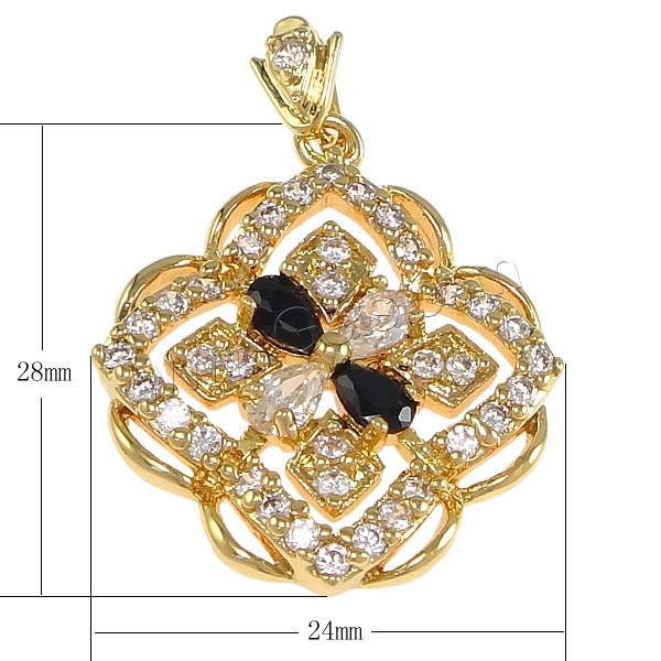 Pendentifs en laiton zircon cubique (CZ), avec cristal, fleur, Placage, avec zircone cubique & facettes, plus de couleurs à choisir, protéger l'environnement, sans nickel, plomb et cadmium, 24x28x4mm, Trou:Environ 2.5x5mm, Vendu par PC