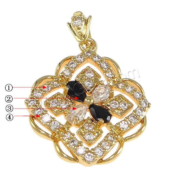 Pendentifs en laiton zircon cubique (CZ), avec cristal, fleur, Placage, avec zircone cubique & facettes, plus de couleurs à choisir, protéger l'environnement, sans nickel, plomb et cadmium, 24x28x4mm, Trou:Environ 2.5x5mm, Vendu par PC