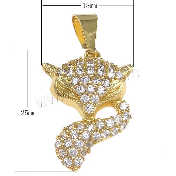 Pendentifs en laiton zircon cubique (CZ), renard, Placage, avec zircone cubique, plus de couleurs à choisir, protéger l'environnement, sans nickel, plomb et cadmium, 18x25x5mm, Trou:Environ 4x8mm, Vendu par PC