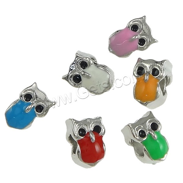 Enamel Zinc Alloy European Beads, Owl, plated, without troll, more colors for choice, nickel, lead & cadmium free, 8x12x9mm, Hole:Approx 5mm, Sold By PC