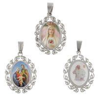 Colgante de acero inoxidable Saint, Redondo Aplanado, engomada de gota, Joya cristiana & diferentes patrones para la opción, 24x32x2mm, agujero:aproximado 4x7mm, Vendido por UD