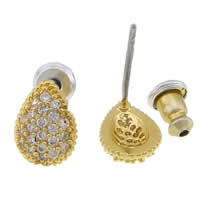 Messing Ohrstecker, Tropfen, goldfarben plattiert, mit kubischem Zirkonia, 6x9mm, 14mm, 0.7mm, verkauft von Paar