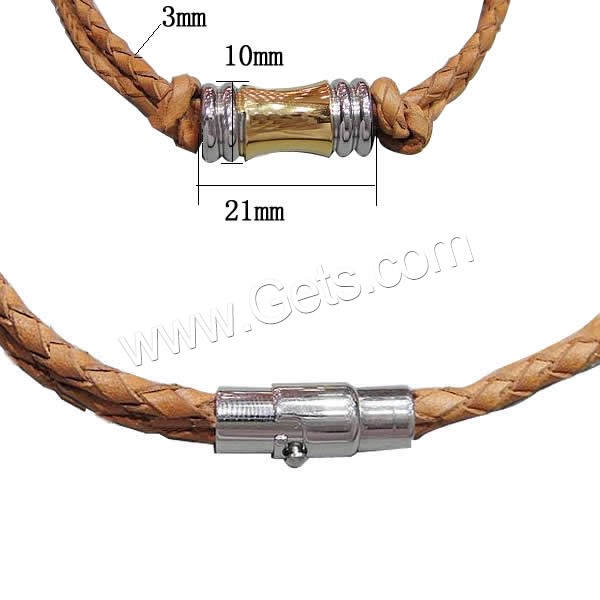 Bracelets de cuir de vachette, cuir de peau de vache, avec Acier inoxydable 316, longueur différente pour le choix, plus de couleurs à choisir, 21x10mm, 3mm, Vendu par brin