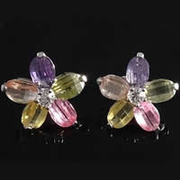 Cubic Zircon (CZ) Stud Earring, Brass, Flower, platinum color plated, with cubic zirconia & faceted 