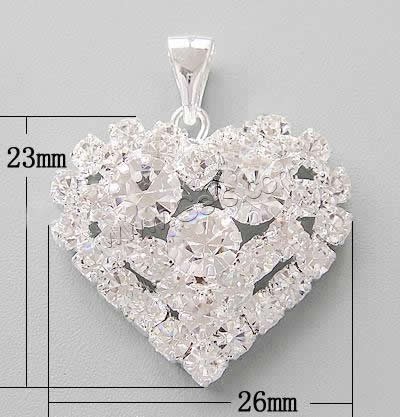 Brass Heart Pendants, plated, with rhinestone, more colors for choice, 26x23x7.5mm, Hole:Approx 6x4mm, 100PCs/Bag, Sold By Bag