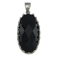 Stainless Steel Pendants, with Glass Gemstone, Flat Oval, faceted, black Approx 