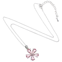 CRYSTALLIZED™ Collier en laiton, avec laiton, avec 2.5lnch chaînes de rallonge, fleur, Plaqué de platine, chaîne ovale & facettes, quartz rose lumineux, protéger l'environnement, sans nickel, plomb et cadmium  Environ 14 pouce, Vendu par brin