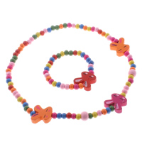 conjunto de joyería de madera de los niños, pulsera & collar, 19x19x5mm,5inch,16inch, agujero:aproximado 2mm, 12Setsset/Bolsa, Vendido por Bolsa