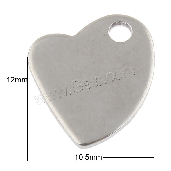 Stainless Steel Tag Charm, Heart, polished, laser pattern & Customized, original color, 10.5x12x1mm, Hole:Approx 1.5mm, Sold By PC