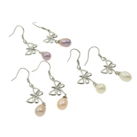 Boucles d'oreilles d'eau douce de Perle , laiton, avec perle, papillon, Placage de couleur platine, couleurs mélangées, protéger l'environnement, sans nickel, plomb et cadmium, 7-8mm, 45mm îte, Vendu par boîte